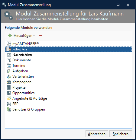 Screenshot: Module anordnen in AMTANGEE, Bearbeitungsfenster