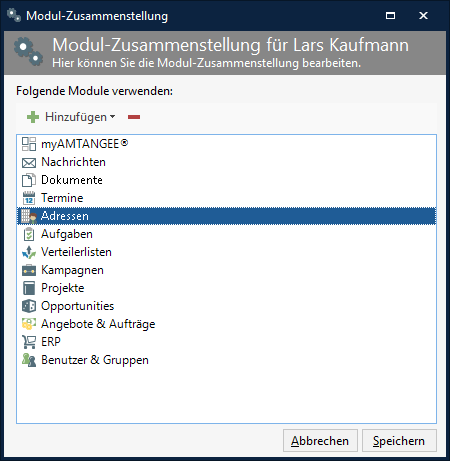 Screenshot: Module anordnen in AMTANGEE, Modul verschieben