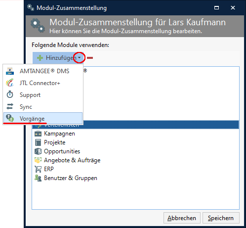 Screenshot: Module anordnen in AMTANGEE, Module hinzufügen