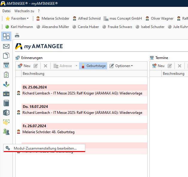 Screenshot: Module anordnen in AMTANGEE, Modul-Zusammenstellung bearbeiten