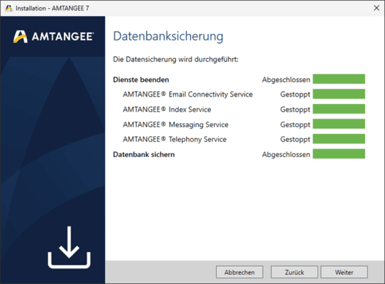 Screenshot: AMTANGEE Datenbanksicherung Fortschritt