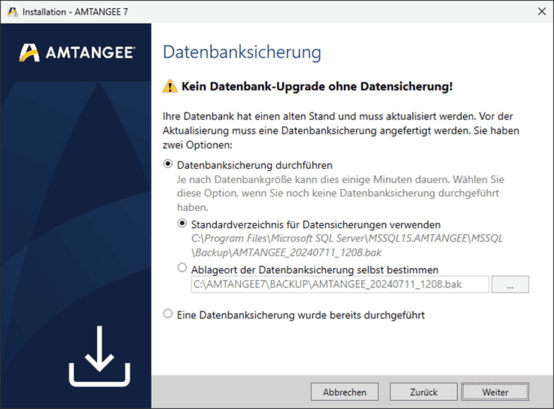 Screenshot: AMTANGEE Datenbanksicherung