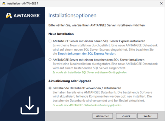 Screenshot: AMTANGEE Installationsoptonen