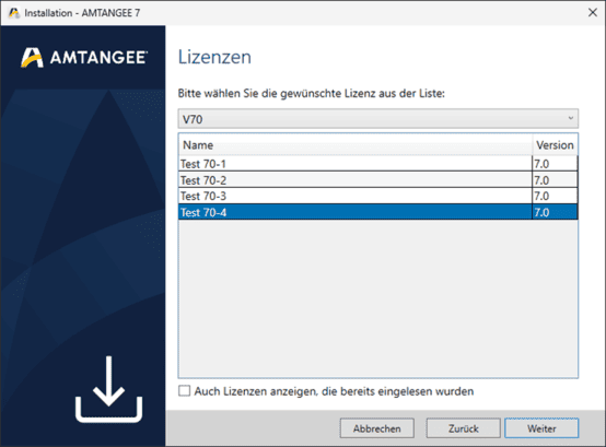 Screenshot: AMTANGEE Lizenzen auswählen