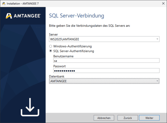 Screenshot: AMTANGEE SQL Server-Verbindung