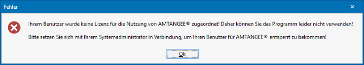 Screenshot: AMTANGEE Lizenzierung - Fehlermeldung