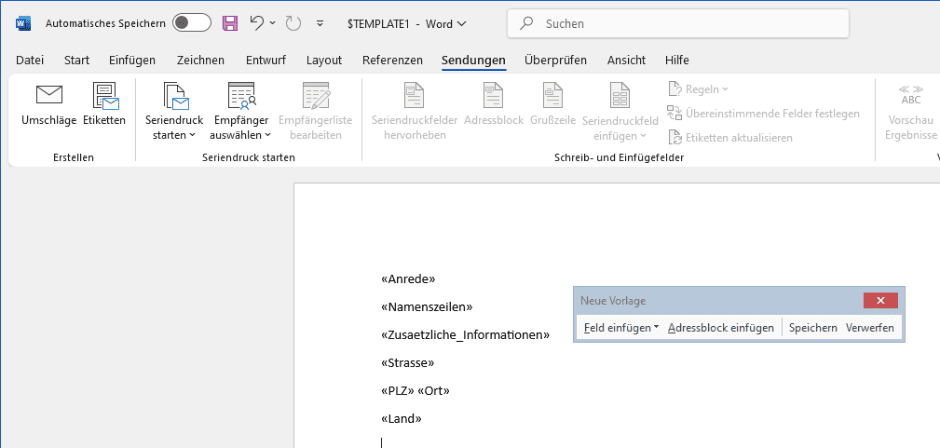 Briefvorlage in AMTANGEE mit Word: Adressblock einfügen