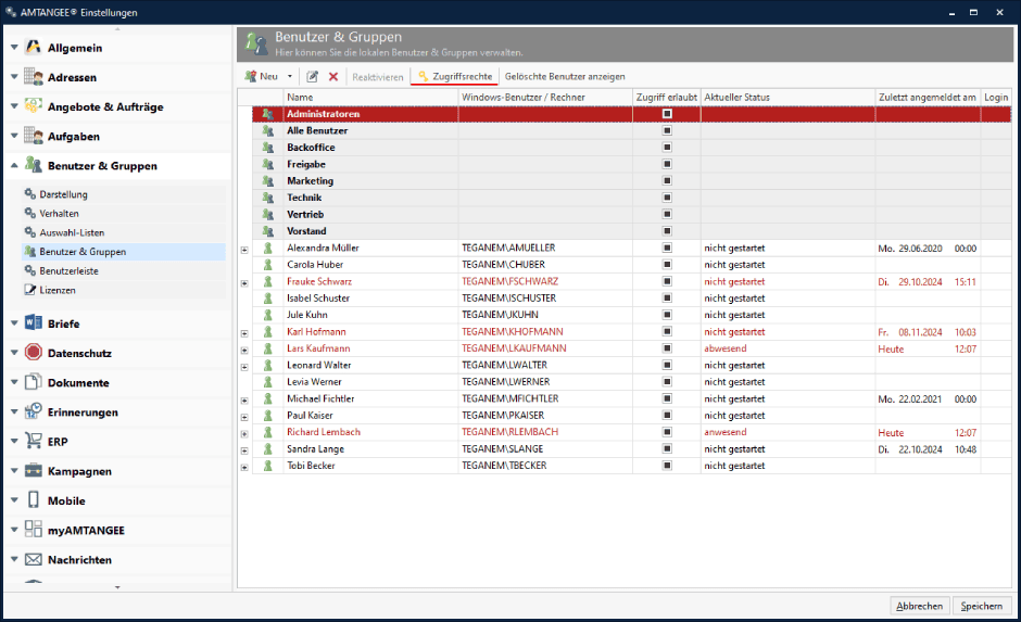 AMTANGEE Benutzer & Gruppen: Zugriffsrechte