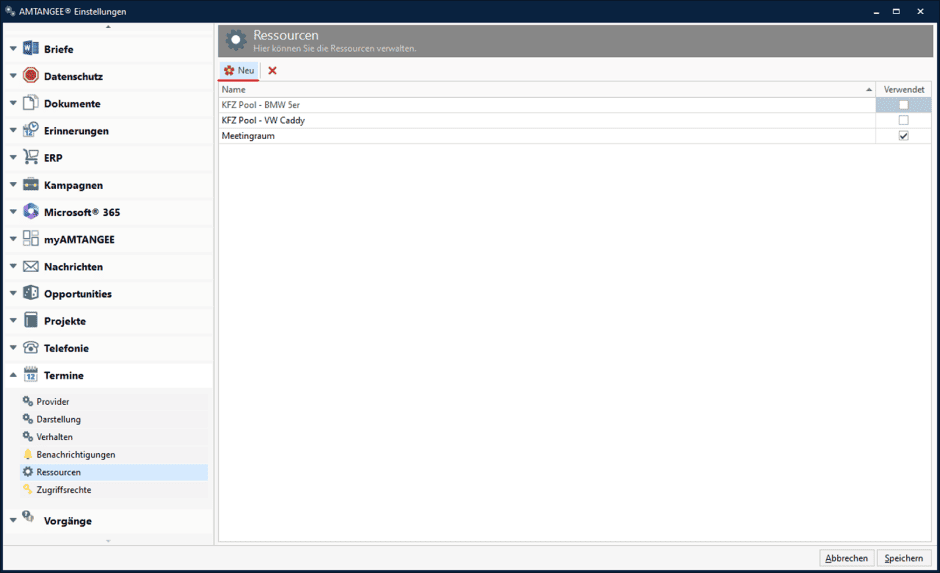 AMTANGEE Einstellungen: Ressourcen