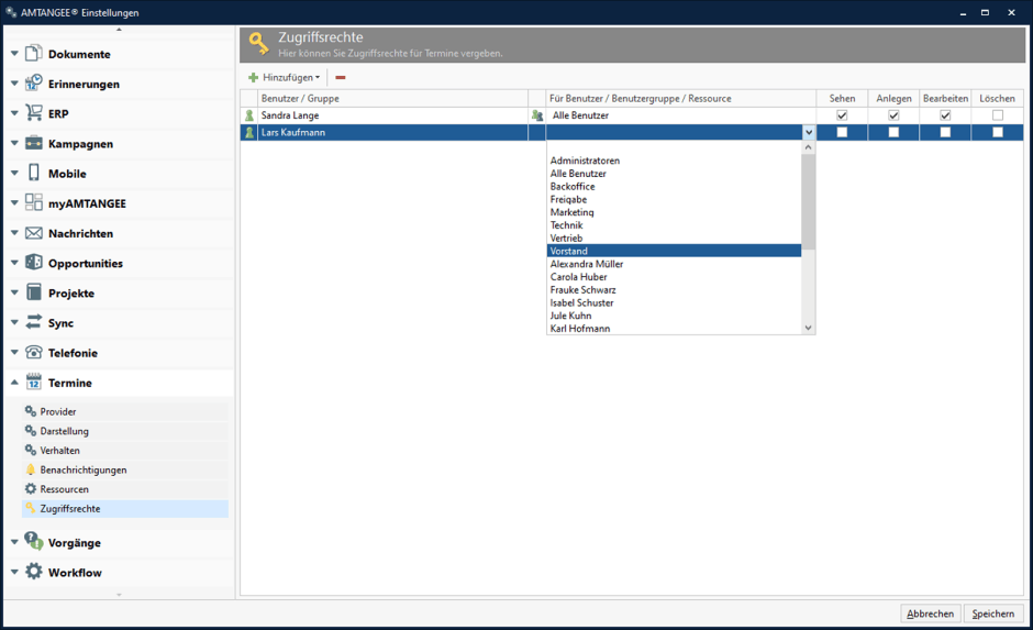 Beispiel für die Vergabe von Zugriffsrechten auf Termine in AMTANGEE 940x573