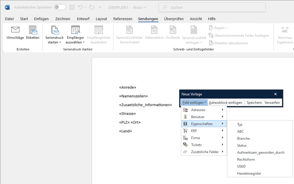 AMTANGEE Briefvorlage mit Word: Feld einfügen
