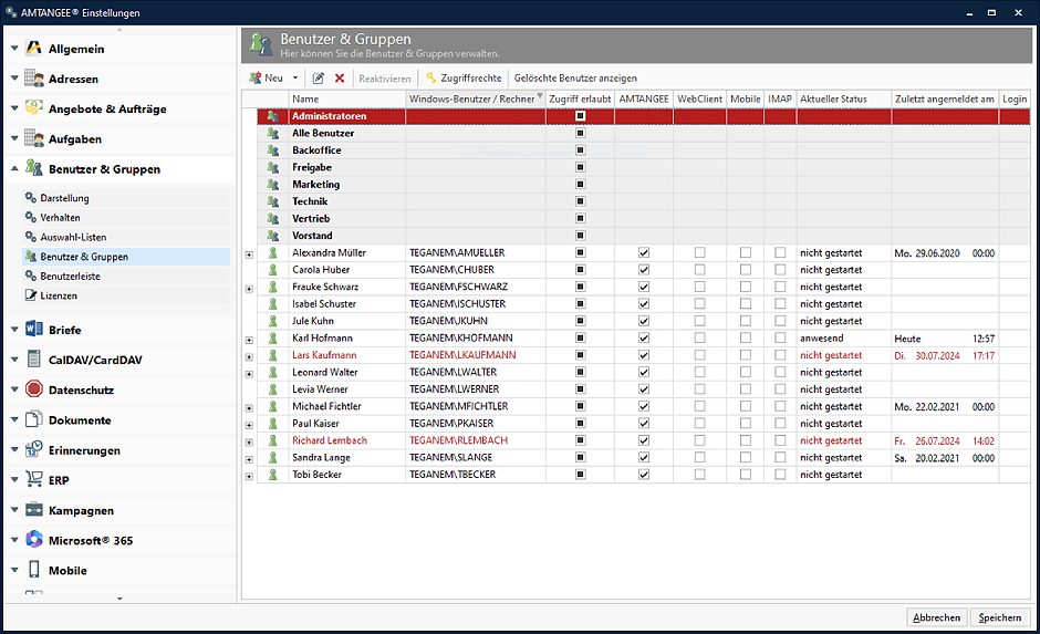 Einstellungen in AMTANGEE: Benutzer & Gruppen