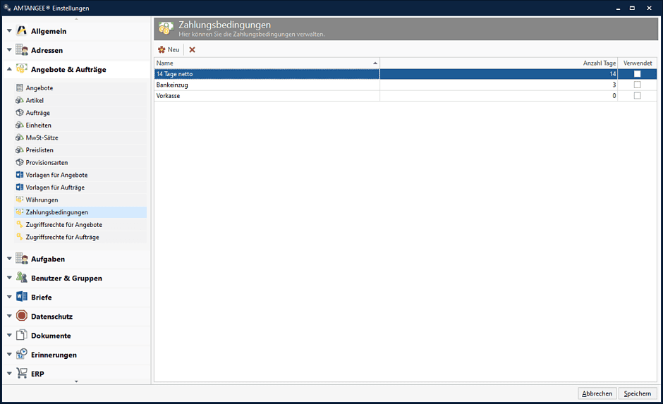 AMTANGEE Einstellungen: Zahlungsbedingungen