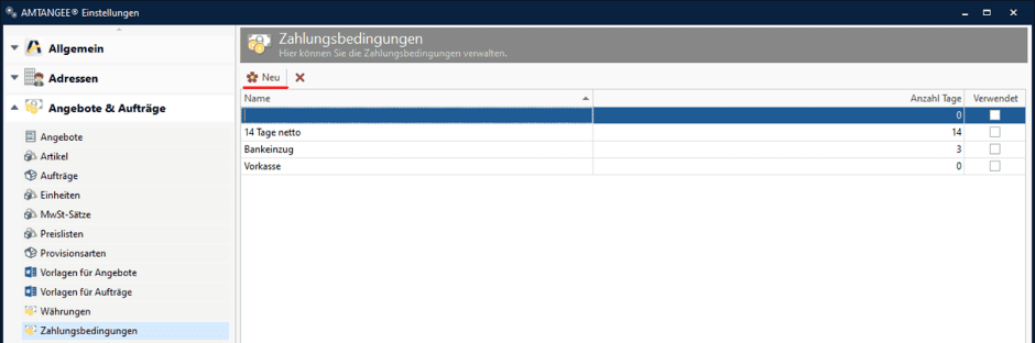 AMTANGEE Einstellungen: Zahlungsbedingen, neue Zahlungsbedingung